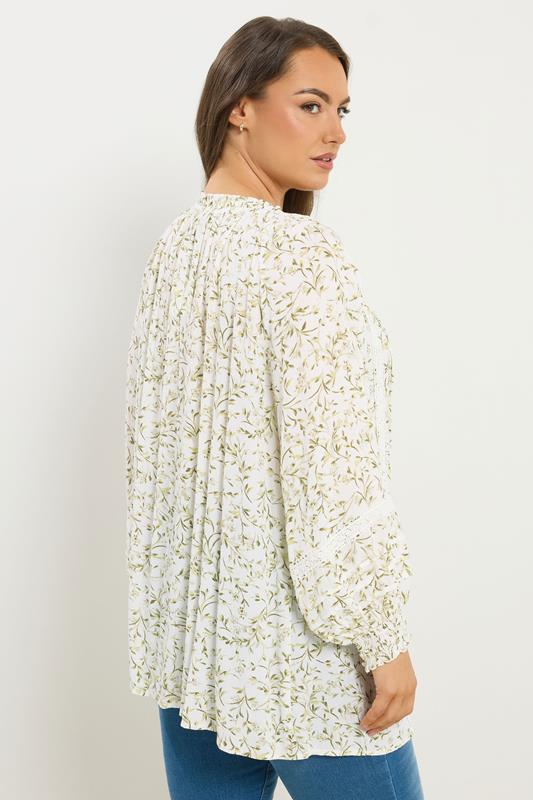YOURS Plus Size Ivory White Leaf Print Tie Neck Top | Yours Clothing 2