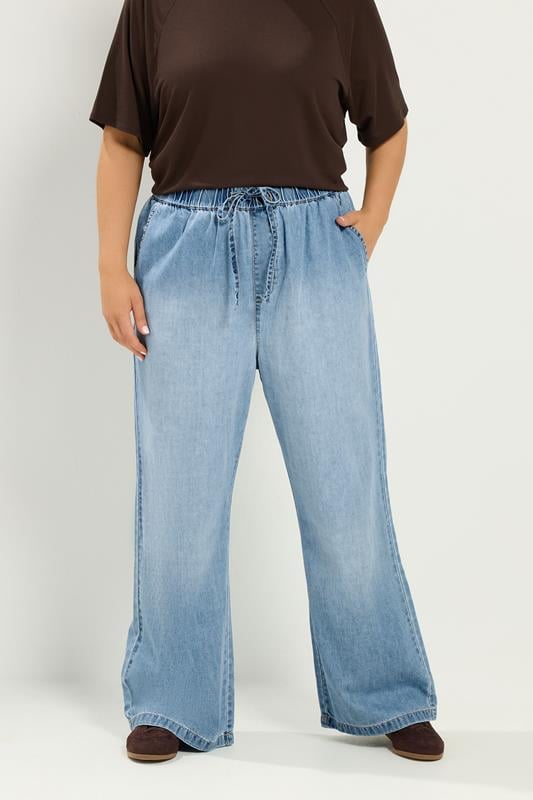 YOURS Plus Size Mid Blue Drawstring Wide Leg Jeans | Yours Clothing 1
