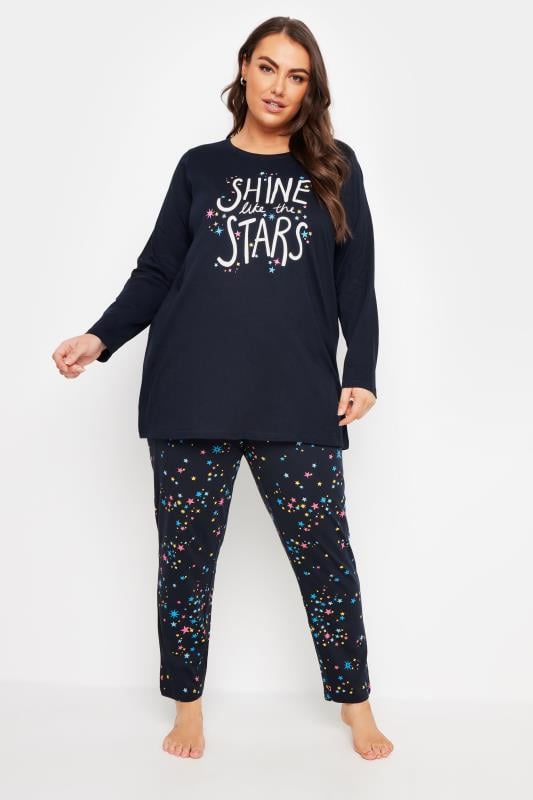 YOURS 4 PACK Plus Size Navy Blue Star Print Pyjama Set | Yours Clothing 3