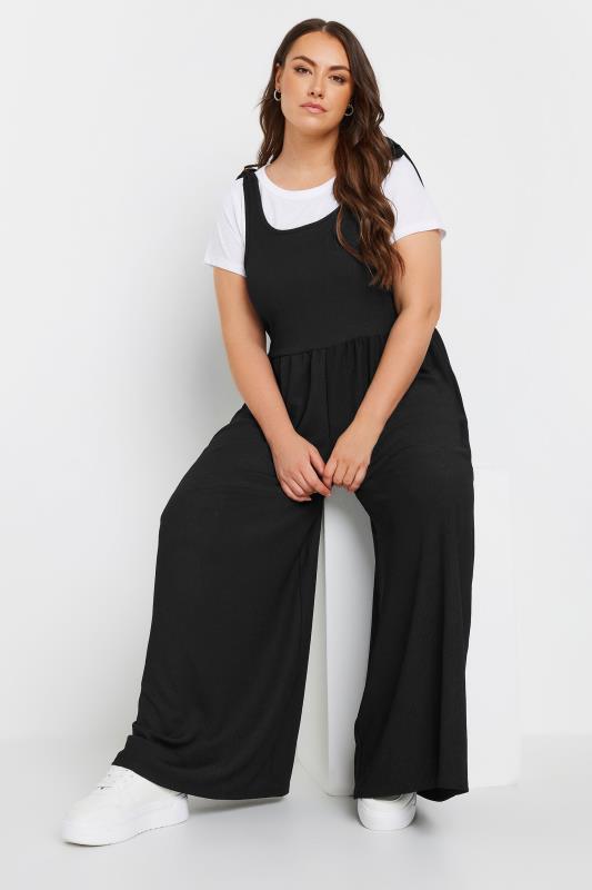 YOURS Plus Size Black Textured Wide Leg Jumpsuit | Yours Clothing  3