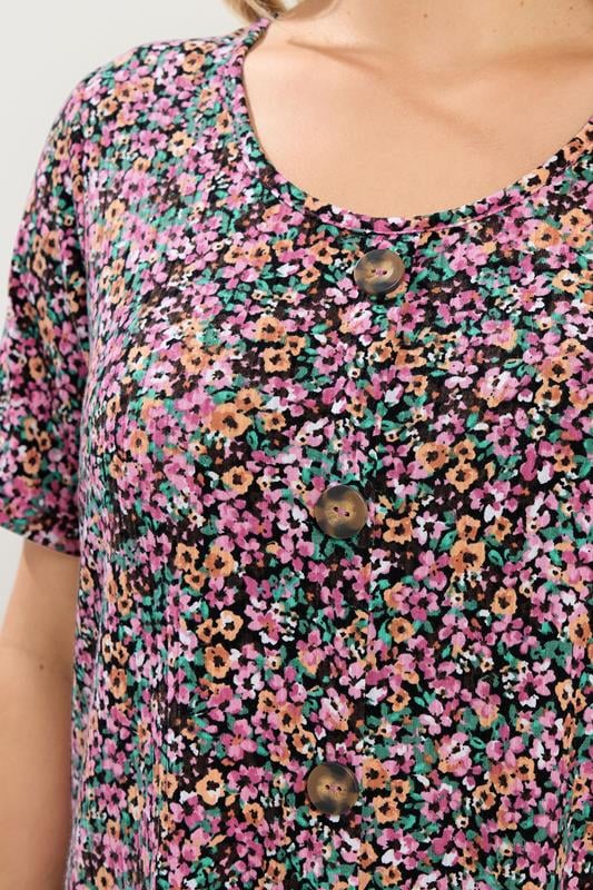 YOURS Plus Size Pink Ditsy Floral Ribbed T-Shirt | Yours Clothing 4