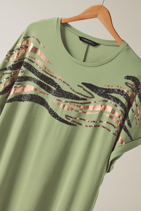 EVANS Plus Size Khaki Green Zebra Print Sequin Embellished T-Shirt | Evans  9