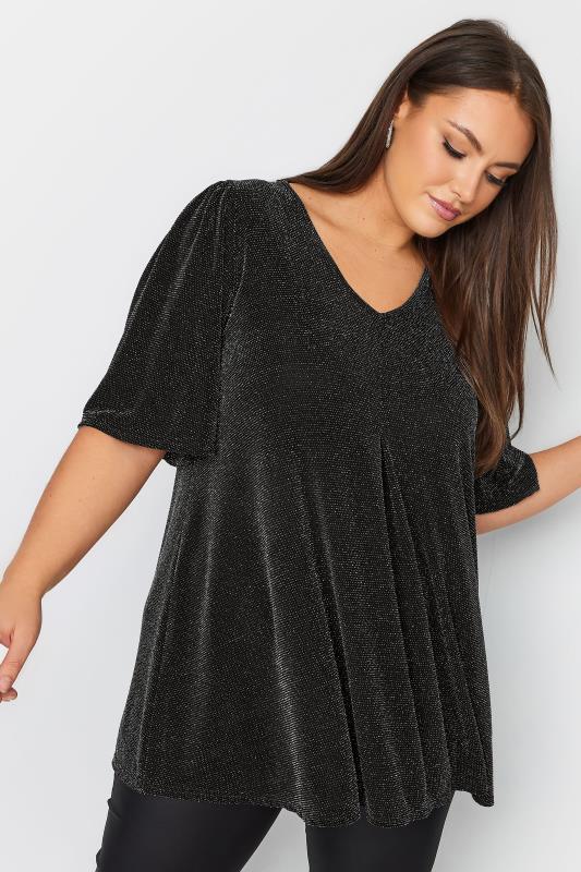 Plus Size  YOURS Curve Black & Silver Glitter Pleated Swing Top