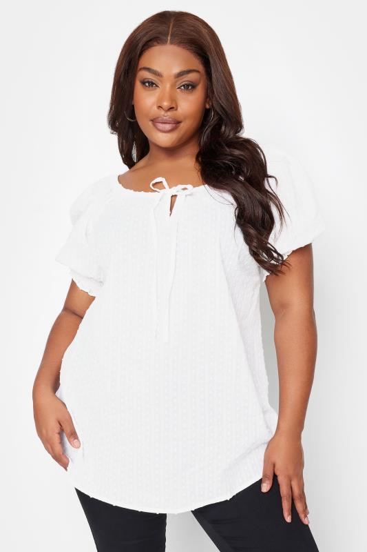 YOURS Plus Size White Dobby Tie Neck Top | Yours Clothing 1