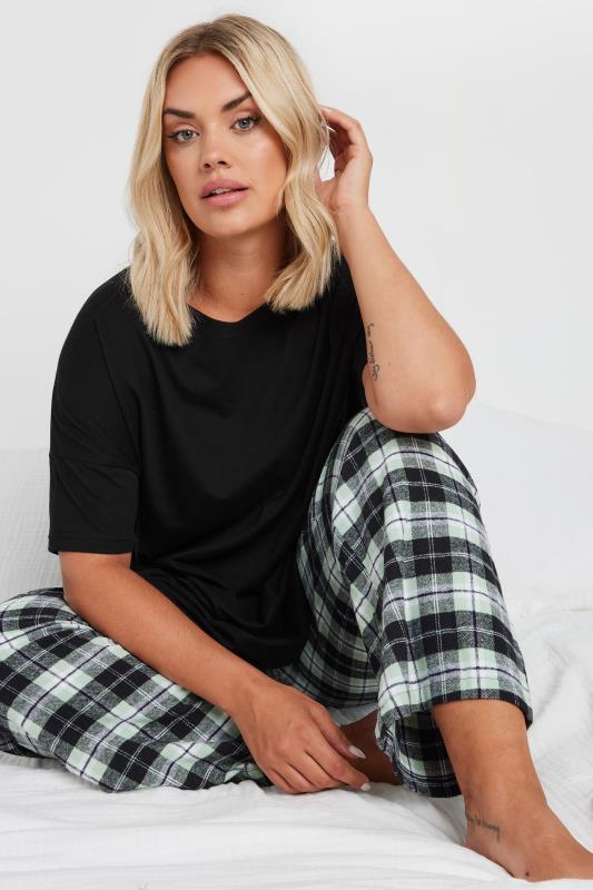 Plus Size  YOURS Curve Black & Green Woven Check Print Pyjama Set