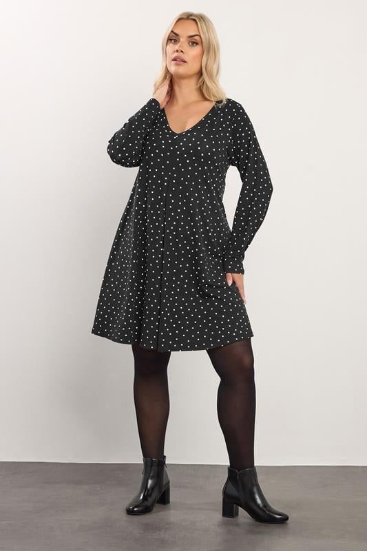 YOURS Plus Size Black Polka Dot Pleat Front Dress | Yours Clothing 1