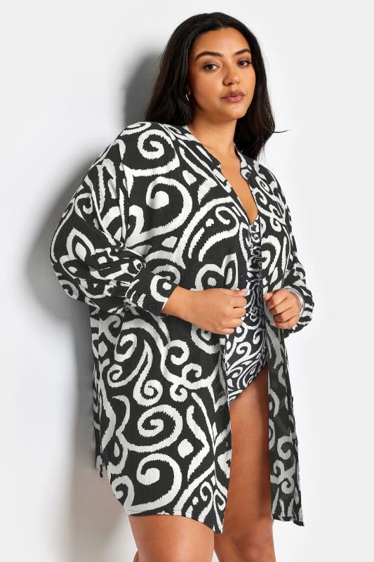 YOURS Plus Size Black Abstract Print Crinkle Beach Shirt | Yours Clothing 1