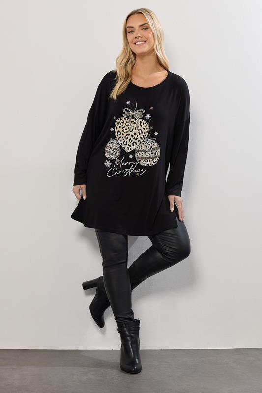 YOURS Plus Size Black Glitter Leopard Christmas Bauble Novelty Top | Yours Clothing 1