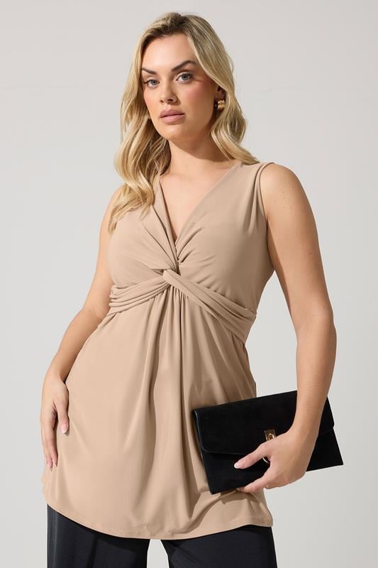 YOURS LONDON Curve Camel Brown Sleeveless Knot Front Top