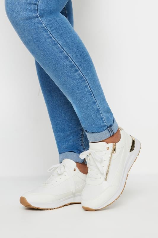 Plus Size  Yours White & Gold Zip Detail Trainers In Wide E Fit