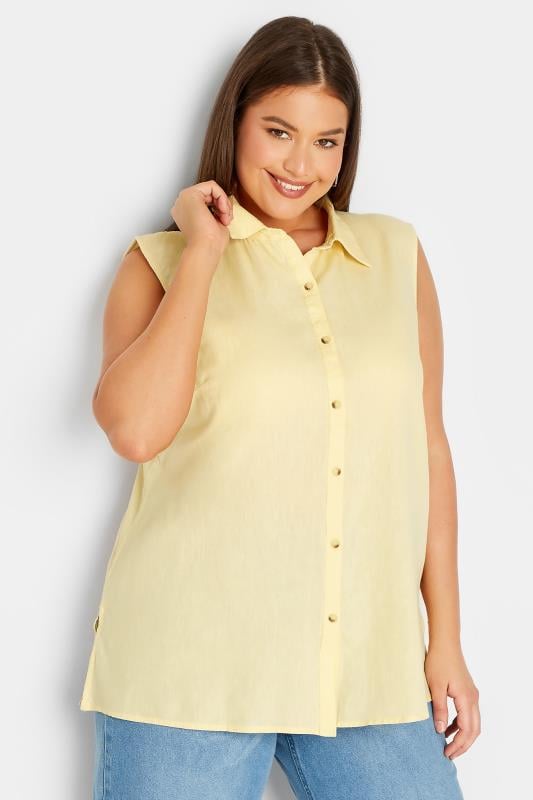 LTS Tall Women's Yellow Sleeveless Linen Shirt | Long Tall Sally  1