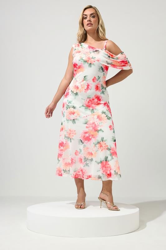 YOURS LONDON Plus Size White Floral Drape Shoulder Dress | Yours Clothing 1