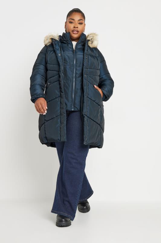 YOURS Plus Size Navy Blue Faux Fur Trim Puffer Coat | Yours Clothing 3