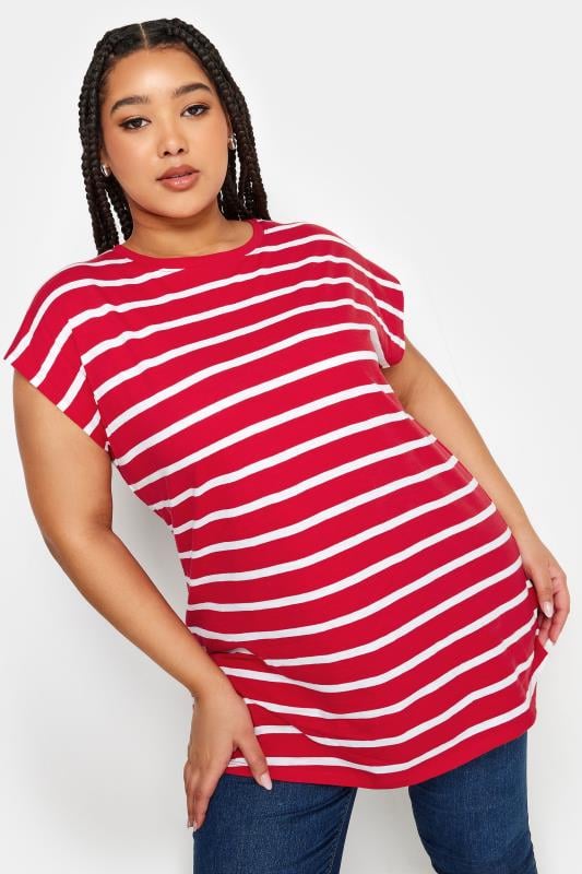 YOURS Plus Size Red Stripe Print Short Sleeve T-Shirt | Yours Clothing 1