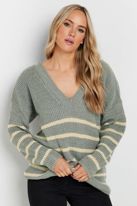 LTS Tall Womens Grey V-Neck Stripe Jumper | Long Tall Sally  1