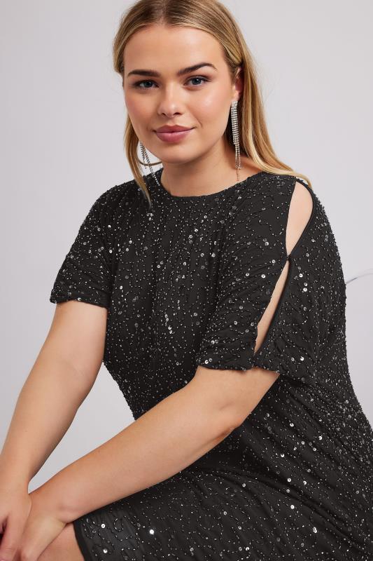 Plus Size LUXE Curve Black Sequin Hand Embellished Cold Shoulder Cape Dress | Yours Clothing 2