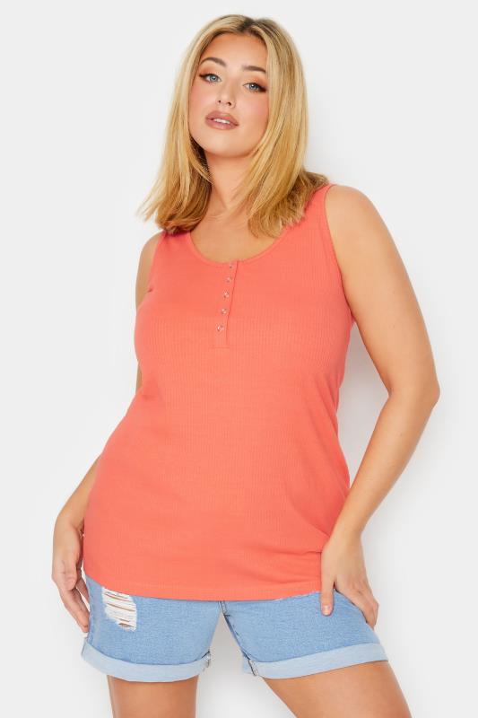 YOURS Plus Size Coral Orange Popper Vest Top | Yours Clothing 2