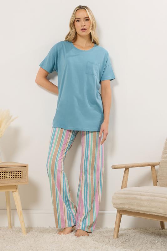LTS Tall Teal Blue Striped Cotton Wide Leg Pyjama Set