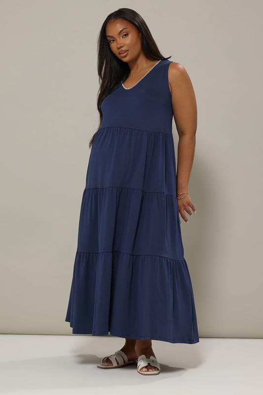 BUMP IT UP MATERNITY Plus Size Navy Blue Blanket Stitch Tiered Maxi Dress | Yours Clothing 4