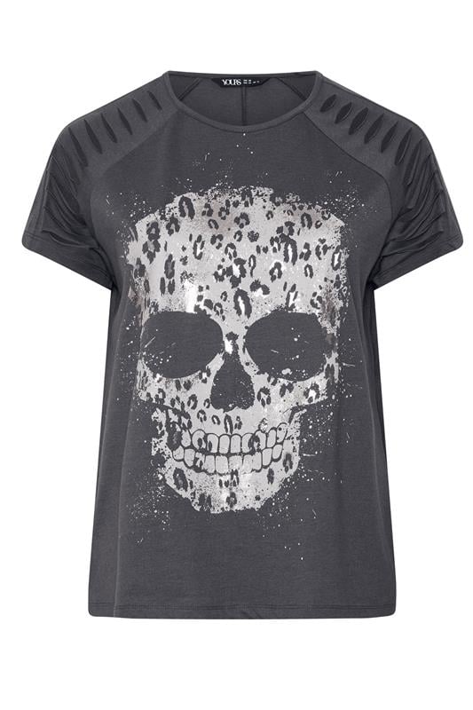 YOURS Plus Size Grey Skull Print Laser Cut T-Shirt | Yours Clothing 1