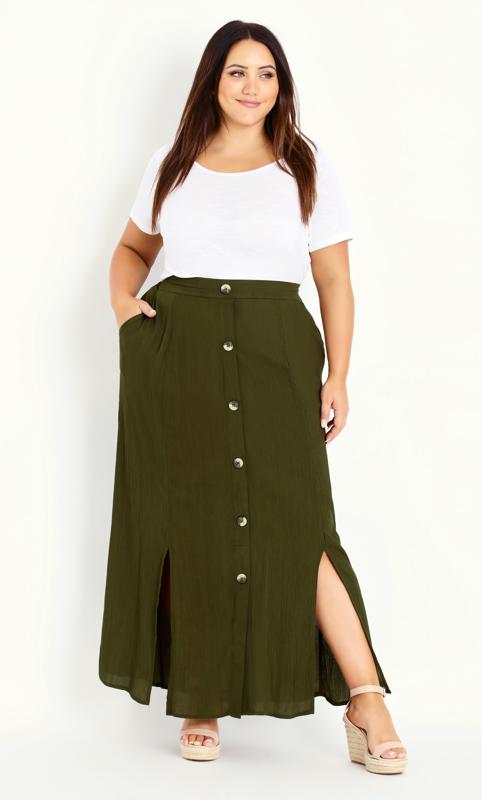 Plus Size  Evans Khaki Green Button Detail Maxi Skirt