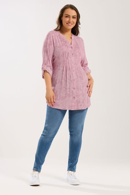 YOURS Plus Size Pink Leaf Print Pintuck Blouse | Yours Clothing 1