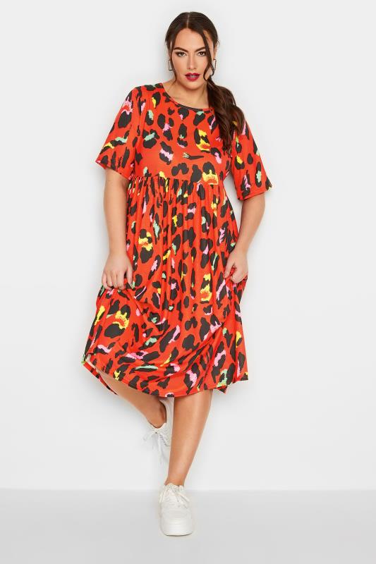 YOURS Plus Size Red Leopard Print Smock Midaxi Dress | Yours Clothing 3