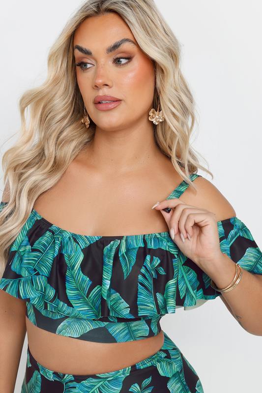 YOURS Plus Size Green Leaf Print Bardot Frill Bikini Top | Yours Clothing 6