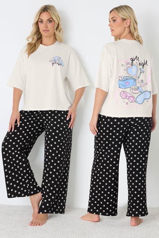  YOURS Curve Ivory White 'Girls Night' Polka Dot Pyjama Set
