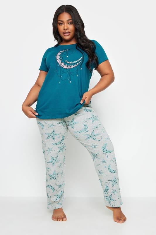 YOURS Plus Size Turquoise Blue 'Cosmic Dreamer' Star & Moon Print Pyjama Set | Yours Clothing 1