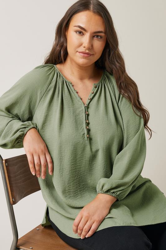 Plus Size  EVANS Curve Khaki Green Button Front Long Sleeve Blouse