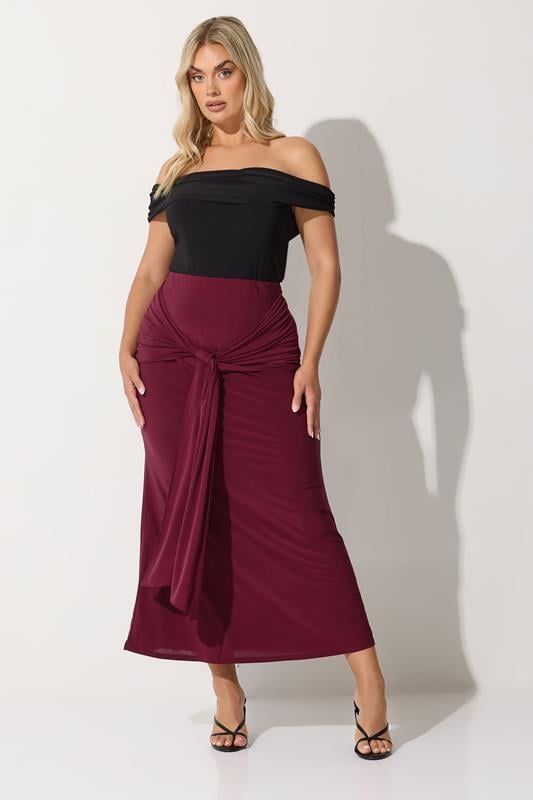 LIMITED COLLECTION Plus Size Burgundy Red Tie Maxi Skirt | Yours Clothing 1