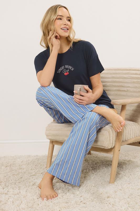  LTS Tall Navy Blue 'Sunday Brunch' Slogan Striped Cotton Pyjama Set