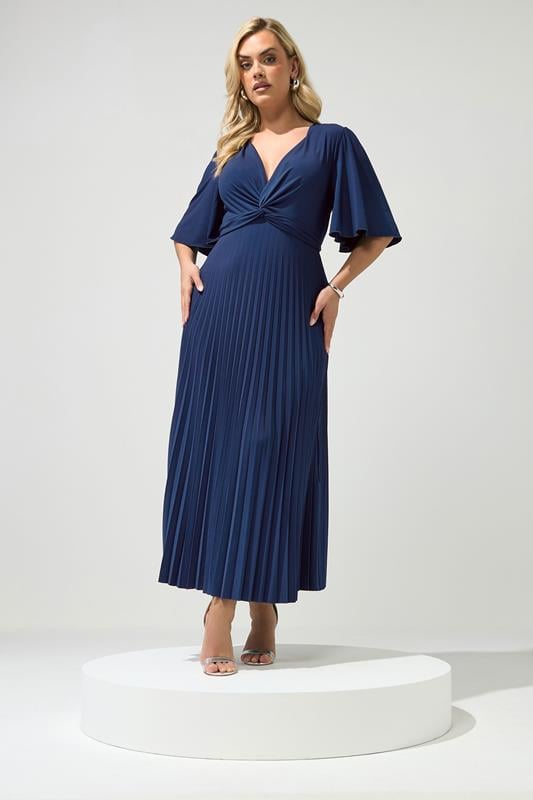  YOURS LONDON Curve Navy Blue Knot Pleated Maxi Dress