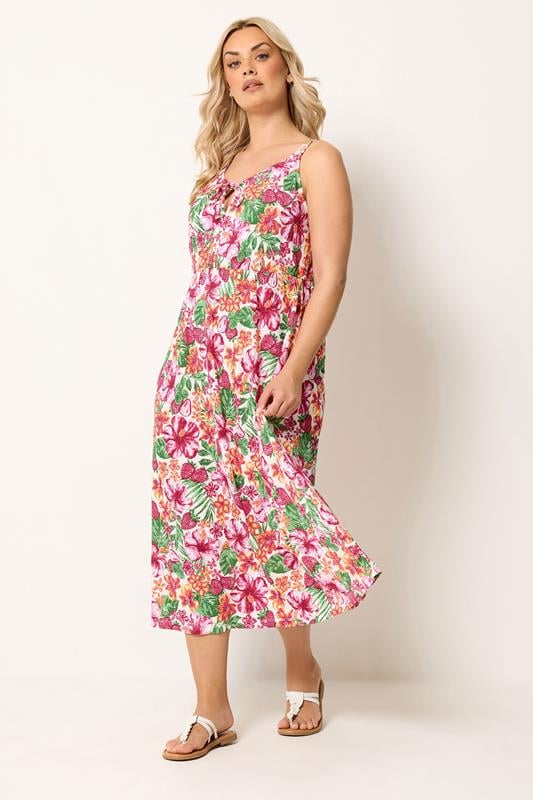  YOURS Curve Pink Tropical Print Keyhole Midi Dress