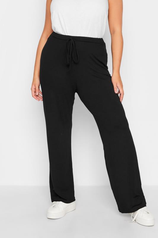 Plus Size Wide Leg & Palazzo Trousers YOURS BESTSELLER Curve Black Wide Leg Pull On Stretch Jersey Yoga Pants