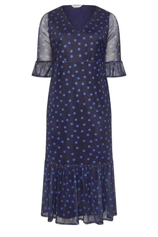 YOURS LONDON Plus Size Navy Blue Polka Dot Mesh Tiered Dress | Yours Clothing 5