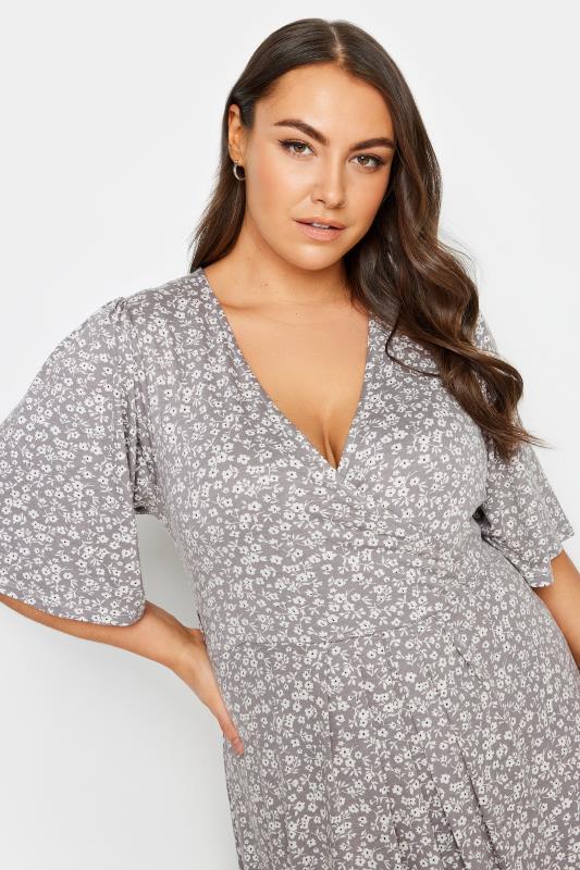 YOURS Plus Size Light Grey Ditsy Floral Print Midi Wrap Dress | Yours Clothing 4