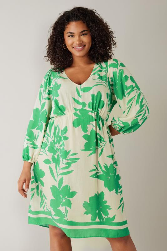 Plus Size  EVANS Curve Green & White Floral Print Midi Dress
