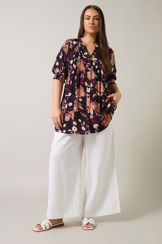 EVANS Plus Size Purple Floral Print Pintuck Blouse | Evans 2