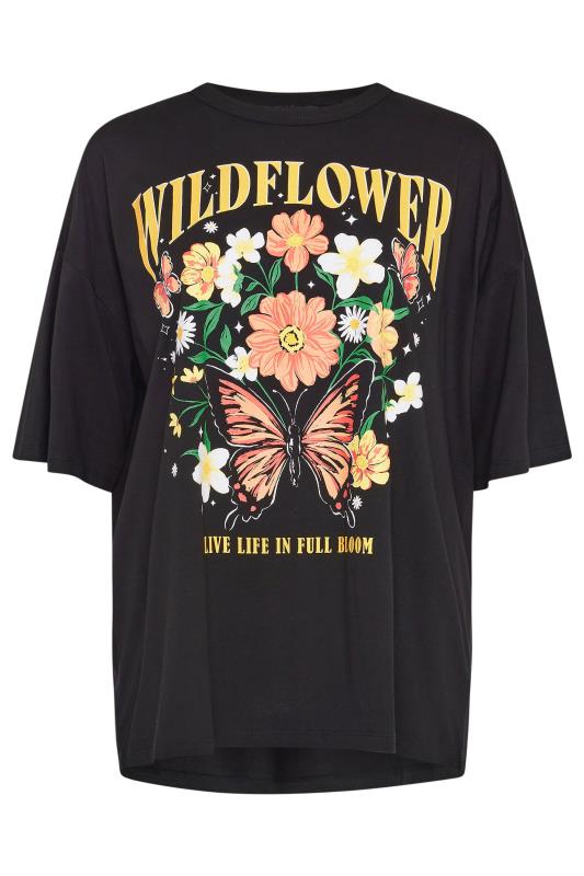 YOURS Plus Size Black 'Wildflower' Slogan Oversized T-Shirt | Yours Clothing 5