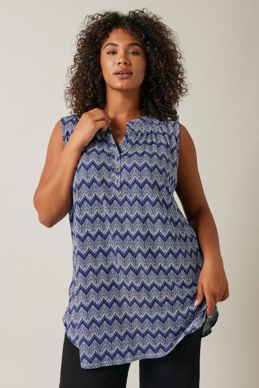 Evans Blue Zig Zag Print Henley Tunic Top 1