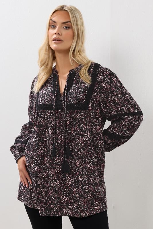 YOURS Plus Size Pink Floral Crochet Trim Blouse | Yours Clothing 2