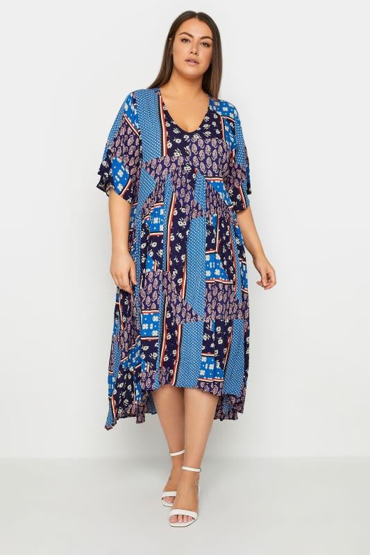 Plus Size  Evans Blue Patchwork Print Midi Dress