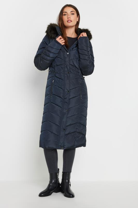 LTS Tall Women's Navy Blue Faux Fur Trim Padded Longline Coat | Long Tall Sally 2