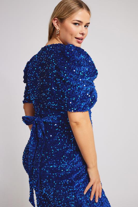 YOURS LONDON Plus Size Blue Sequin Velvet Wrap Dress | Yours Clothing 2