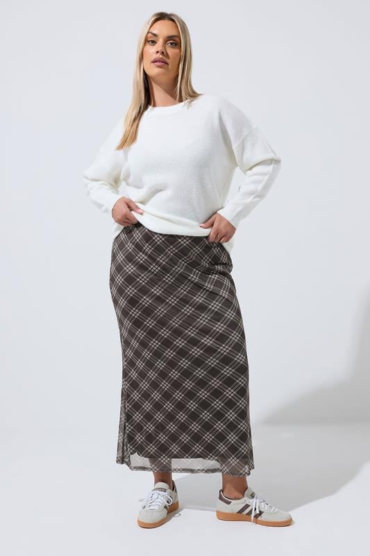 LIMITED COLLECTION Plus Size Brown Checked Mesh Skirt | Yours Clothing 4