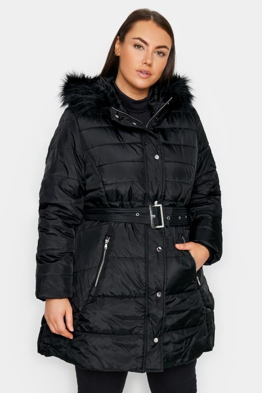 City Chic Black Faux Fur Hood Belted Puffer Coat | Evans 1