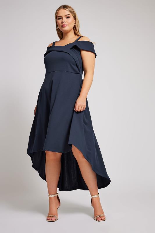 YOURS LONDON Plus Size Navy Blue Bardot Dipped Hem Dress | Yours Clothing 3