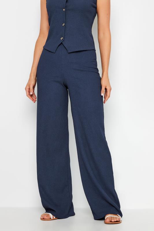 LTS Tall Navy Blue Wide Leg Textured Trousers | Long Tall Sally 2